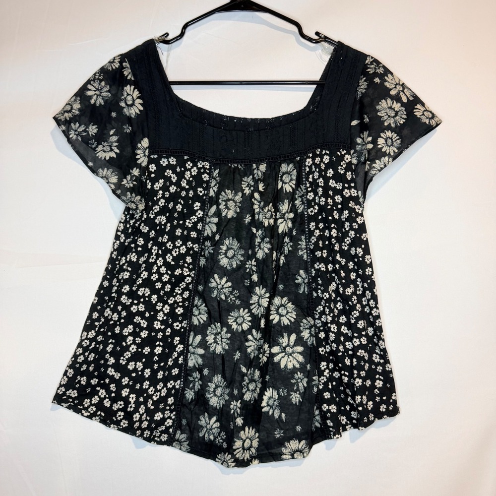 Rewind Womens Black White Mixed Floral Lace Trim Flutter Sleeve Babydoll Top L